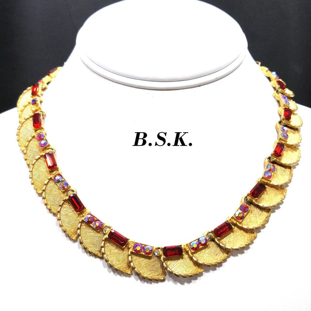 B.S.K. Red Rhinestone Choker Necklace, Aurora Borealis, 1960s Vintage Jewelry